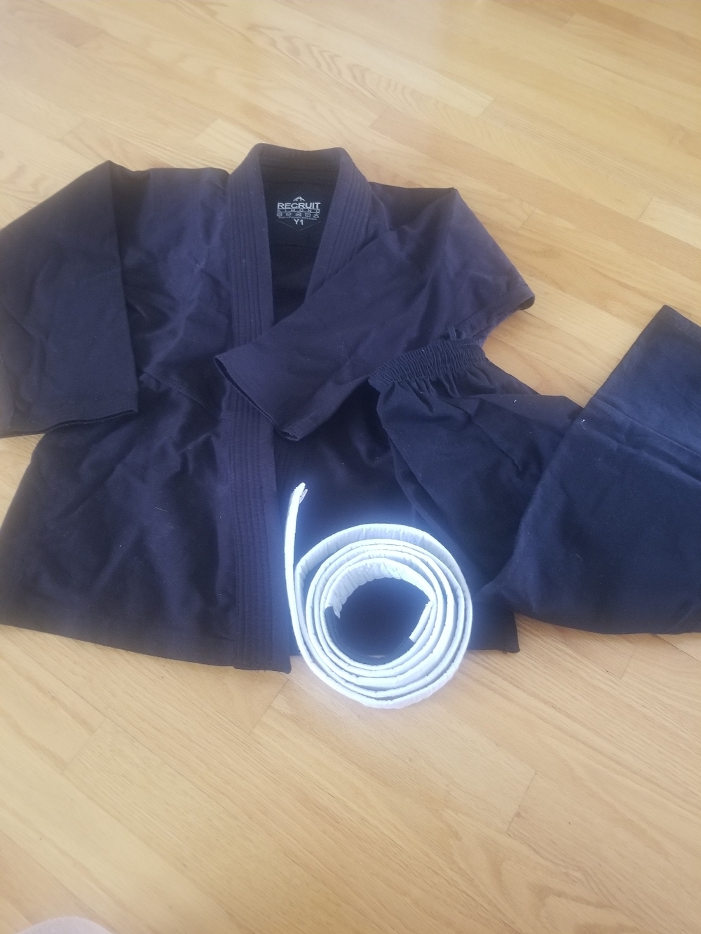 Recruit Black Martial Arts Gi with White Belt Size Y1,